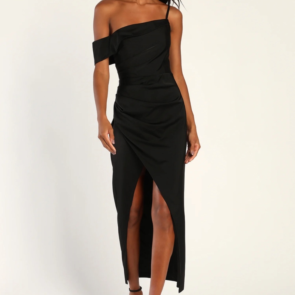 Lulus Black Satiny Asymmetrical Midi Dress